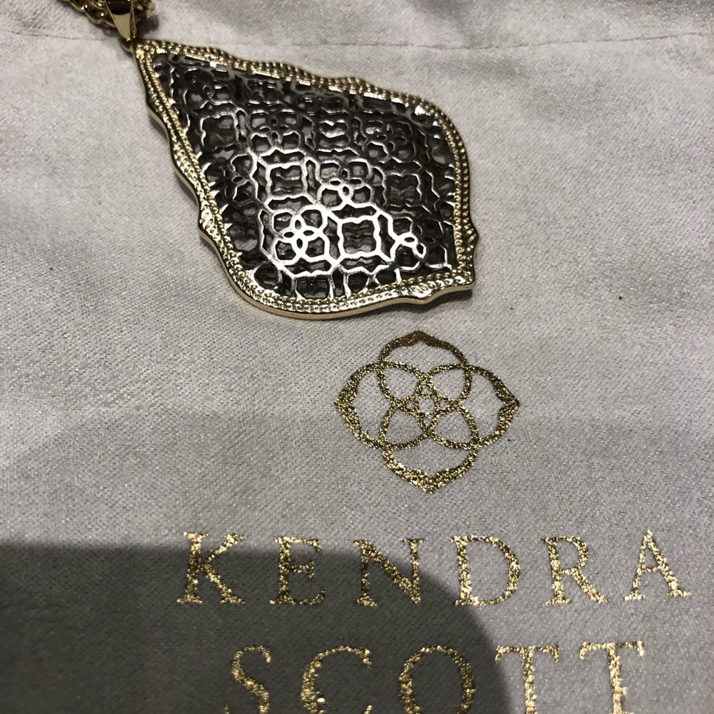 Gold Long Pendant Necklace In Silver Filigree Mix